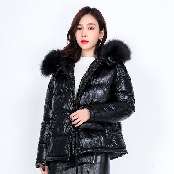 

large fur hooded women down jacket loose casual women parkas oversize thick warm outwear winter coat cotton padded, Black