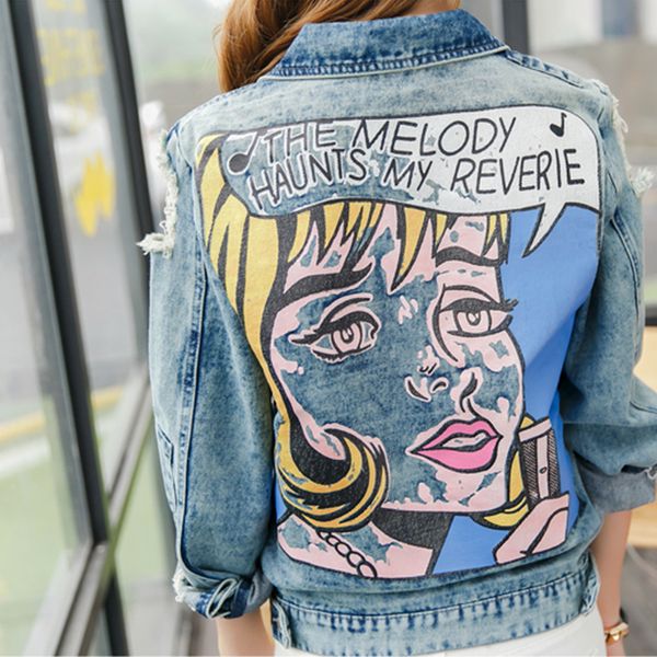 

2020 autumn vintage funny print jean jacket women outerwear ripped hole long sleeve bomber jackets casual spring autumn short denim jacket, Black;brown