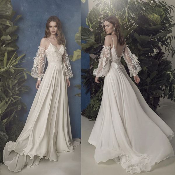 

fashion wedding dresses spaghetti straps long sleeves sequins appliques lace bridal gowns backless sweep train a-line wedding dress, White