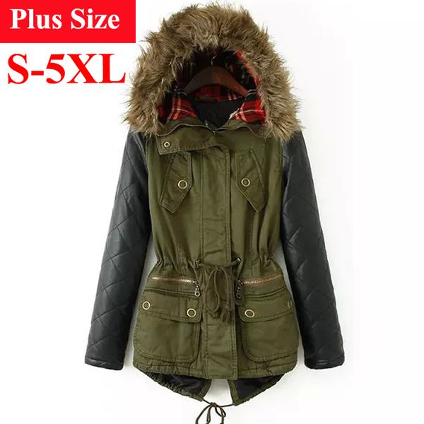 

winter jacket women 2017 parka plus size cotton padded coat fur hooded outwear pu leather sleeve winter coat women, Black