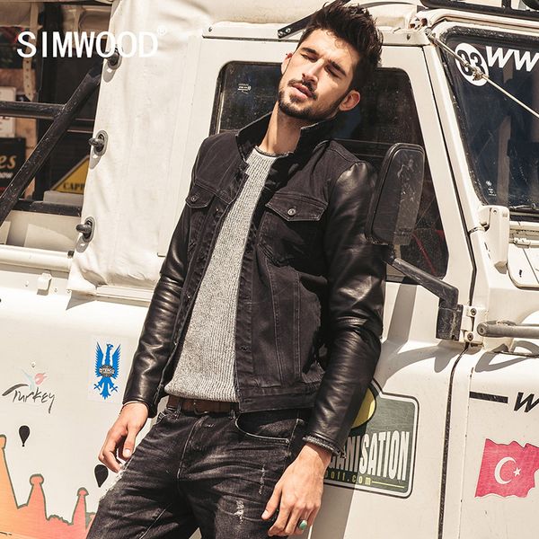 

simwood brand new autumn winter black denim jacket men spliced leather jeans jacket outwear nj6511, Black;brown
