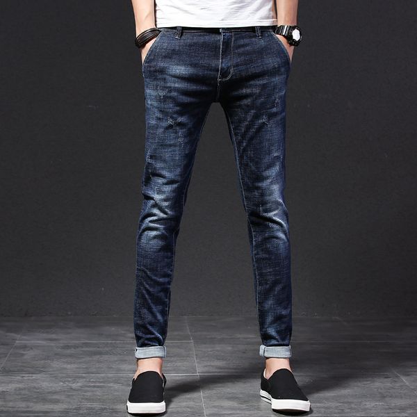 

men's thin section slim stretch casual jeans youth worn, worn, washed, cat straight pencil pants / feet pants, Blue