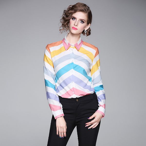 

2020 runway rainbow striped shirts women long sleeve lapel neck printed ladies button shirt blouses elegant office designer shirts, White
