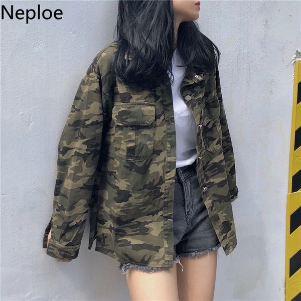 

neploe korean irregular camouflage student coat loose bf style turn down collar print denim jacket autumn casaco feninino 45882, Black;brown