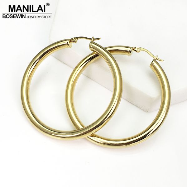 

manilai wide stainless steel tube hoop earrings for women punk statement earrings brincos fashion jewelry 55mm diameter, Golden;silver
