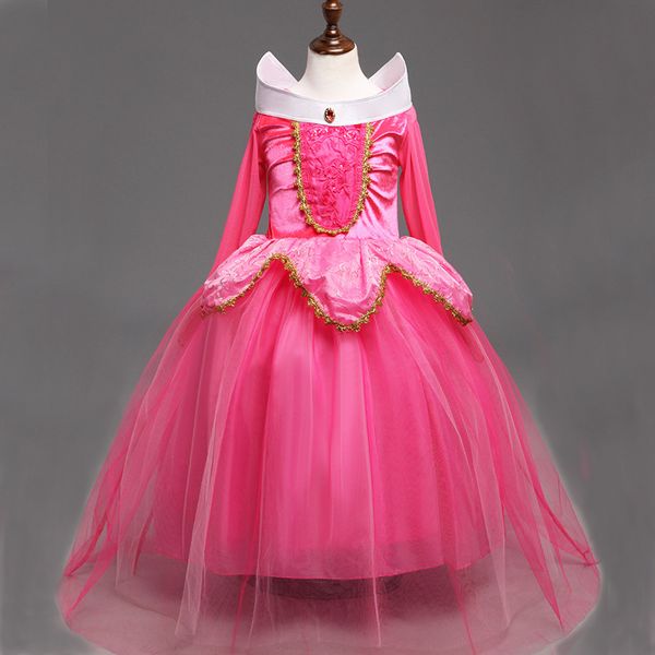 

3-10y girl aurora princess costume kids sleeping beauty cosplay dress long sleeve summer tutu halloween children birthday dress, Red;yellow