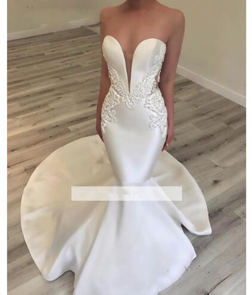 

v neck elegant satin mermaid wedding dresses backless with button 2019 vestido de noiva trouwjurk trumpet wedding bride dress wedding gowns, White