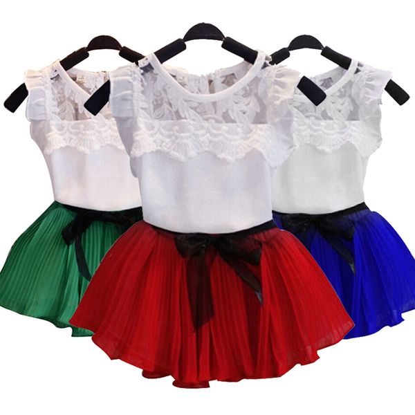 

children clothing 2020 new baby girls clothes suit summer kids clothes short sleeve t-shirt+chiffon dress for girls sets outfits, White