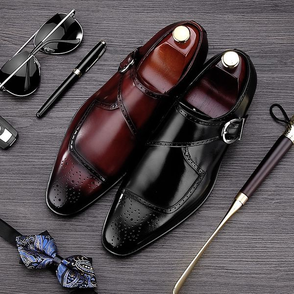 

new arrival vintage man handmade carved monk shoes genuine leather wedding oxfords formal dress b men's brogue flats qc72, Black