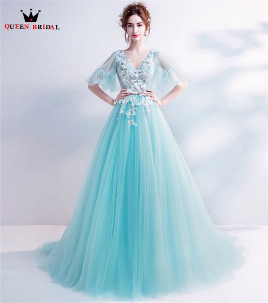 

sky blue a-line v-neck tulle flowers lace appliques evening dress elegant long formal prom evening gowns ls29m, White;black