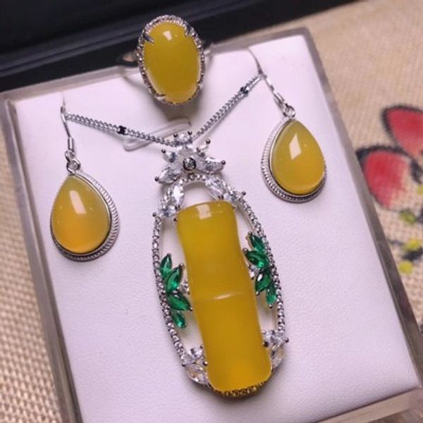 

authentic jade myelin three-piece set of yellow pendant earrings ring live s925 silver-encrusted jade myelin set women's decorat