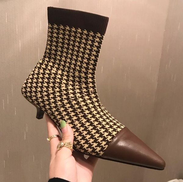 

mixed color plaid knitted ankle boots women pointy leather patchwork sock botas mujer kitten heels stretch weave booties s609, Black