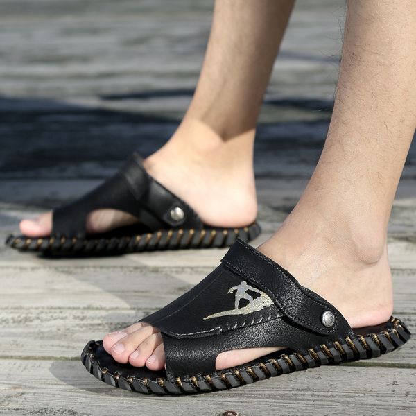 

2020 summer shoes men beach sandals non-slip soft pu leather holiday summer mens sandals fashion flat male shoes ka2243, Black