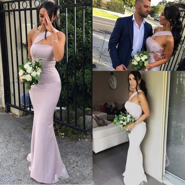 

pale pink mermaid bridesmaid dresses for weddings satin one shoulder sleeveless floor length plus size formal maid of honor gowns, White;pink