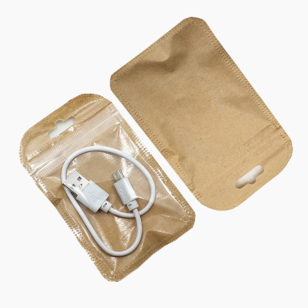 7x11cm Borsa con cerniera in carta kraft marrone chiaro con foro per appendere Accessori per l'elettronica di generi alimentari Sacchetti di stoccaggio Artigianato fai-da-te Borse per imballaggio