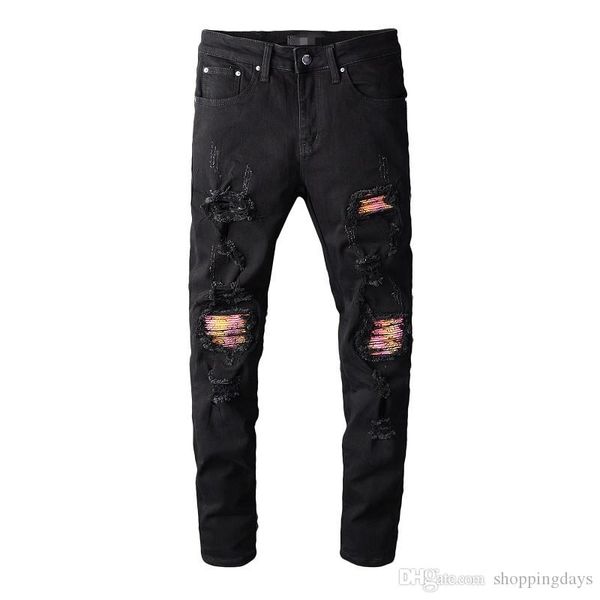 

дизайнерские мужские джинсы проблемные рваные байкер slim fit мотоцикл байкер деним для мужчин хип-хоп розовые заплаты черные узкие джинсы, Blue