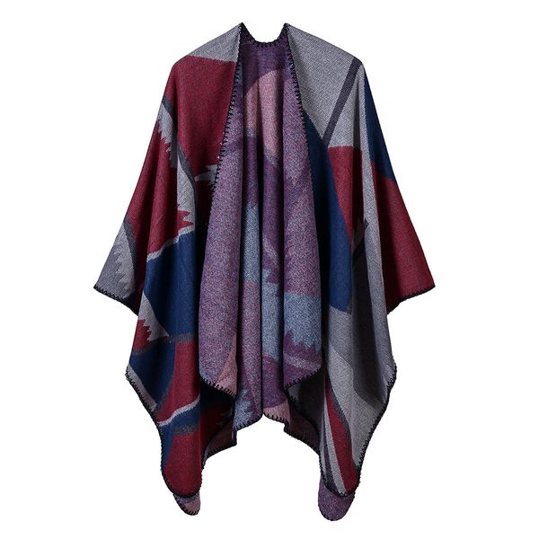 

lady geometric sawtooth imitation cashmere color matching pattern jacquard shawl dual-use street popular cloak women, Blue;gray
