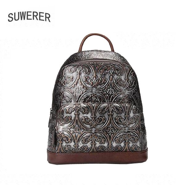 

suwerer 2019 new women backpack cowhide embossed bag retro fashion silver genuine leather backpack leisure large capacity bag