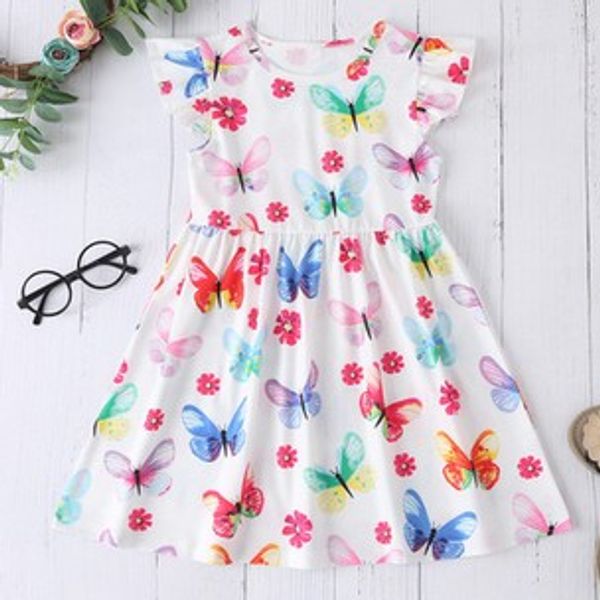 

girl colorful flying sleeve dress fashion fresh butterfly printed children dress korean princess, Red;yellow