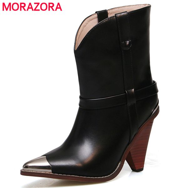 

2019 real genuine leather boots women shoes black pointed toe ankle boots for women 10 cm high heel ladies bota feminina