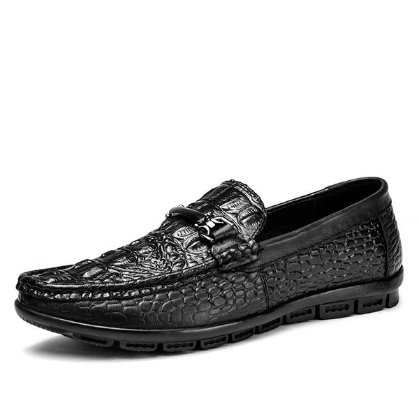 

crocodile grain cow leather men flat shoes brand moccasins men loafers driving shoes fashion casual nice tide, Black