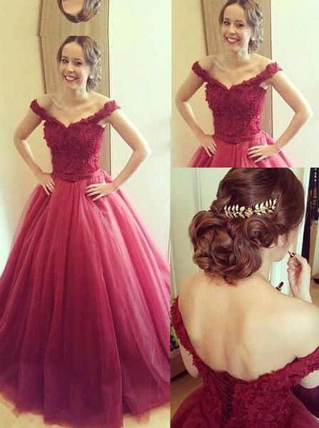 

romantic wine red ball gown prom evening dresses off the shoulder v neck applique lace tulle purffy skirt formal cocktail red carpet dress, Black