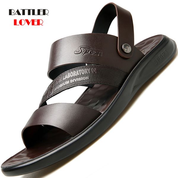 

summer men sandals genuine leather shoes male comfortable slip-on slippers beach brown men sandal zapatillas hombre, Black