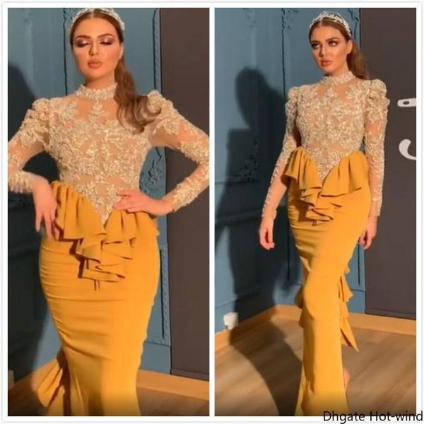 

2020 арабский асо ebi желтый кружева бисером вечерние платья с длинными рукавами оболочки пром платья sexy формальные партия второй прием ма, Black;red