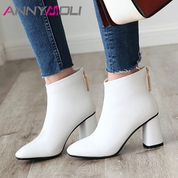 

annymoli women boots winter ankle boots crystal thick high heel short zipper square toe shoes lady fall red big size 33-46, Black
