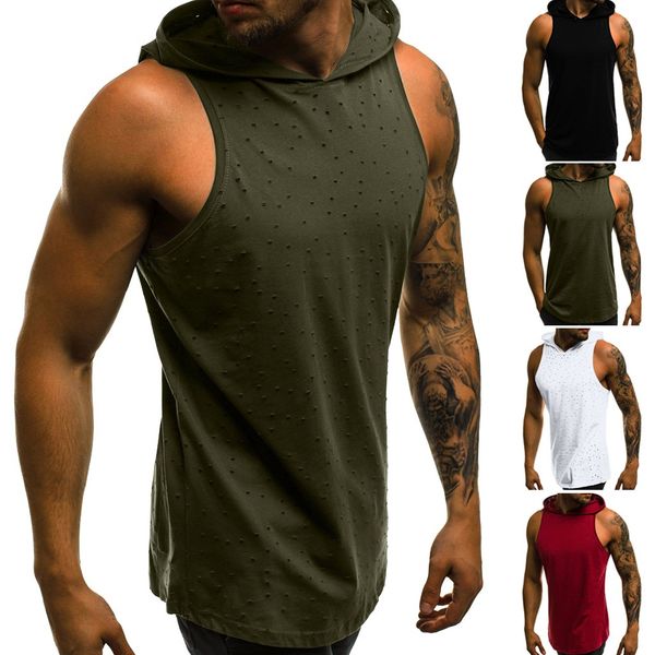 

new fashion men fitness muscle hole sleeveless hooded bodybuilding skin tight-drying men summer blouses 2019, Black