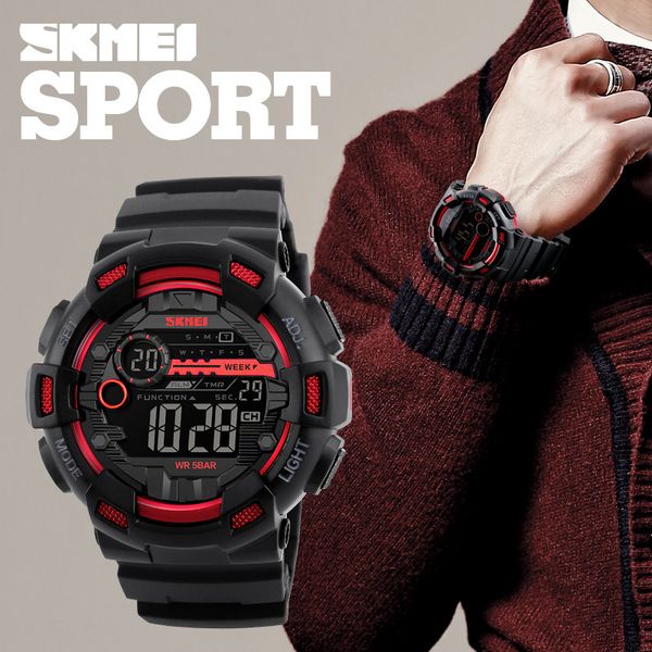 

skmei big dial led display multi time zone 5 atm waterproof sport digital chrono tactical watch man 1243, Silver