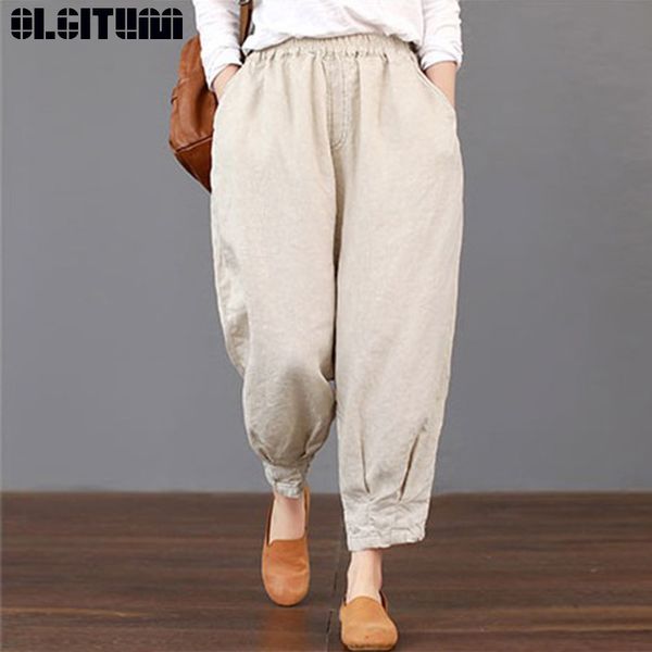 

trousers women new 2019 summer pockets solid cargo baggy cotton linen pants plus sizeloose elastic waist harem pants pt359, Black;white