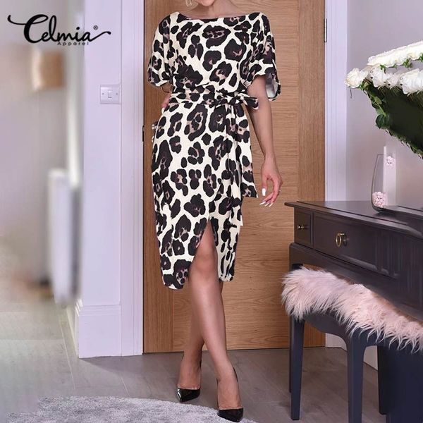 

plus size celmia women belted short sleeve dress casual split bat leopard print sundress vintage elegant party vestidos 7, Black;gray