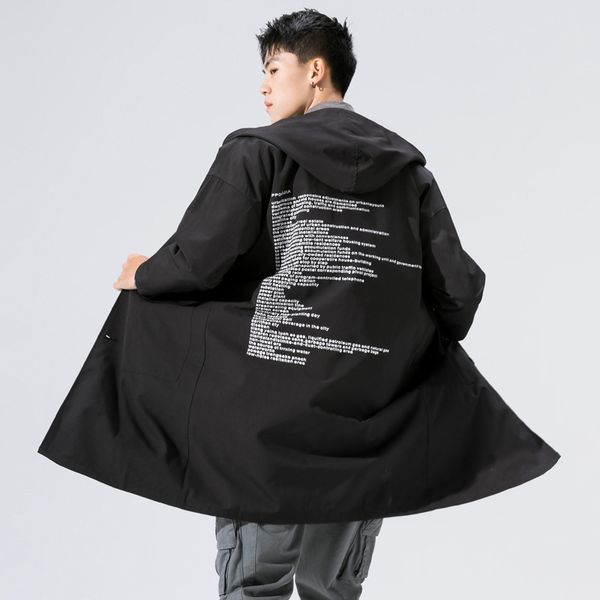 

2019 autumn clothing men casual trench coat coat japanese-style large size hooded printed letter large pocket men's long trench, Tan;black