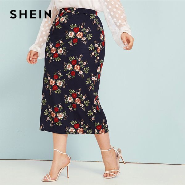 

shein plus size abaya navy floral print pencil skirts womens summer autumn big size elegant plus bodycon long skirt, Black