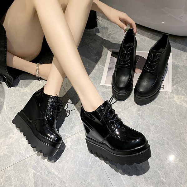 

european fashion style shoes female 2019 autumn sponge cake increased women high heel 11cm wedge with single shoes student shoes, Black