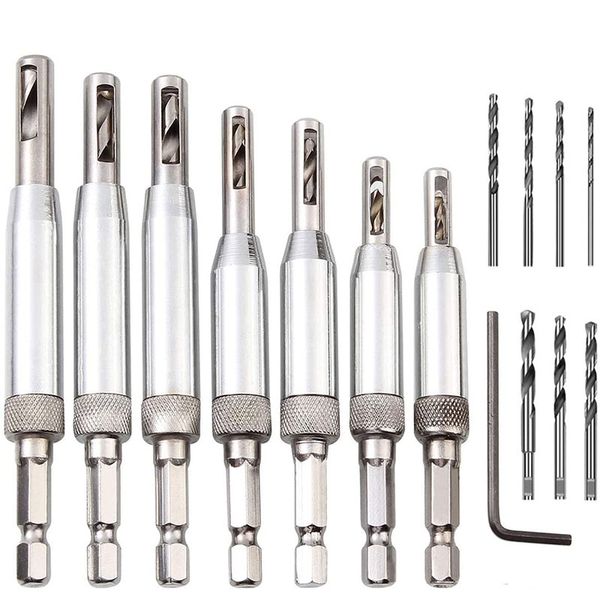 

absf self centering drill bit set(15pcs), cabinet door hinge drill bit, 1/4inch hex shank center pilot bit with hex key