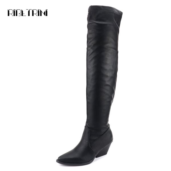 

ribetrni western over the knee boots woman fashion square heels shoes woman autumn winter slip on boots plus size 34-48, Black