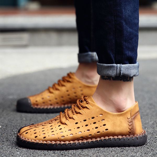 

summer hollow leather shoes men fashion style flat male loafers super cool leather men shoes comfortable soft loafers male, Black