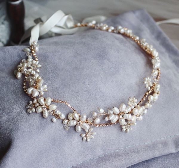 

stunning freshwater pearls headband bridal hair vine jewelry gold wedding headwear hair accessories rhinestone women headwear t190620, Golden;white