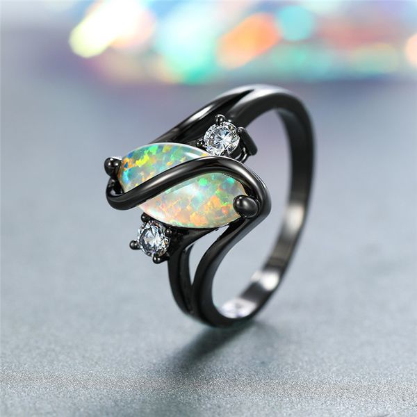 

white fire opal s rings for women vintage fashion black gold filled white zircon birthstone ring female wedding jewelry, Slivery;golden