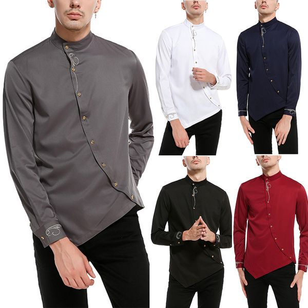 

men long sleeve solid color oblique buttons slim breathable shirt for business work nfe99, White;black