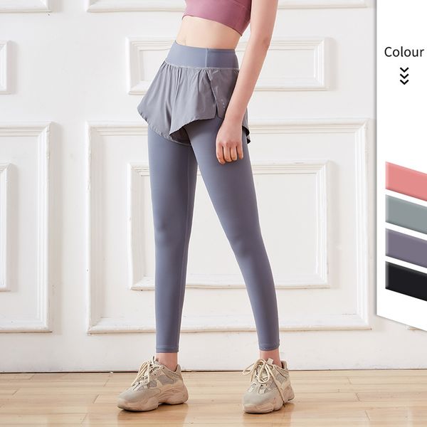 

fake two piece fitness pants women's elastic tight running skirt pants summer quick drying high waist hip lifting yoga, Black;blue