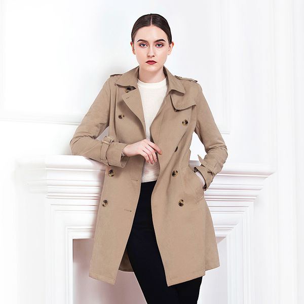 

spring fashion office lady khaki trench double breasted british style windbreaker with belt coat turn-down collar outwear, Tan;black