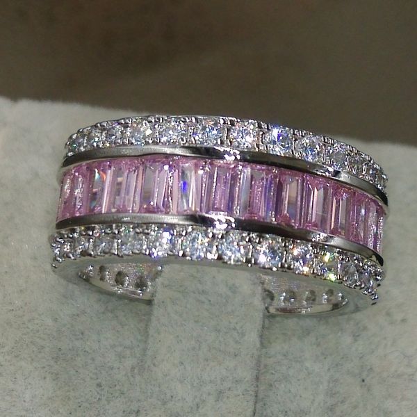 Wholesale- Wieck Luxuxschmucksachen Voll Princess Cut rosa Saphir Sterlingsilber 925 Simulierter Diamant-Edelstein-Wedding Band-Ring-Größe 5-11