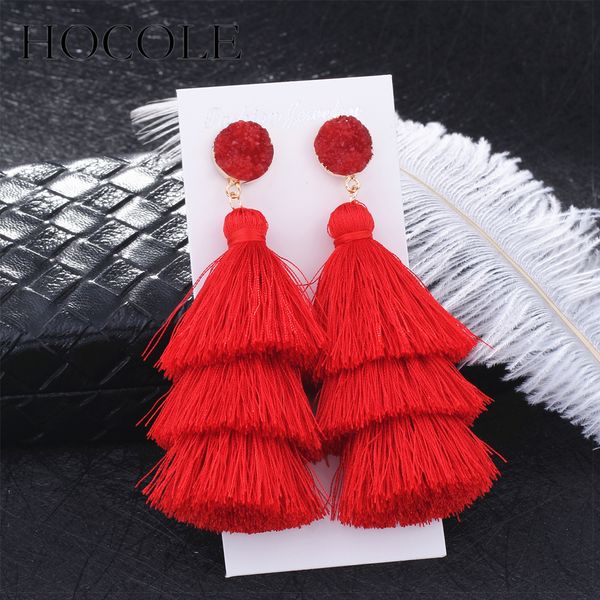 

hocole boho long tassel earrings multi-layer red blue yellow silk fabric long drop earring for women wedding statement jewelry, Silver