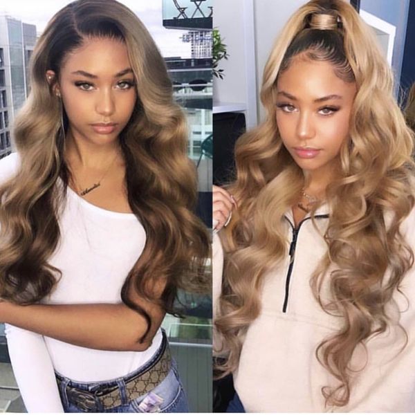 

honey blonde lace front wig glueless full lace wigs human hair ombre wig black roots 1b 27 body wave brazilian virgin hair, Black;brown