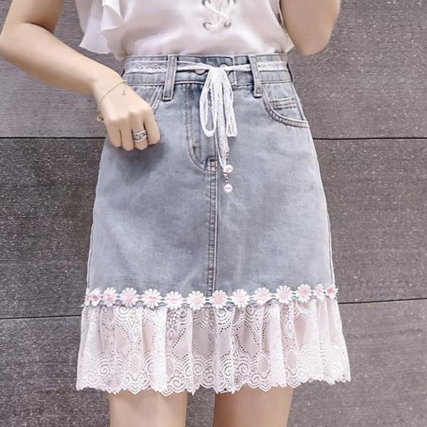 

womens high waisted jean skirt korean chic pleats lace ruffles hem trumpet skirt punk style vintage blue denim mermaid, Black