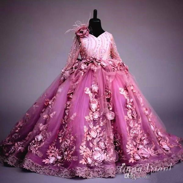 

Luxury Beaded Flower Girl Dresses 2019 Long Sleeve Handmade Flowers Girls Pageant Gowns Gorgeous Lace Applique Puffy Tulle Prom Dresses