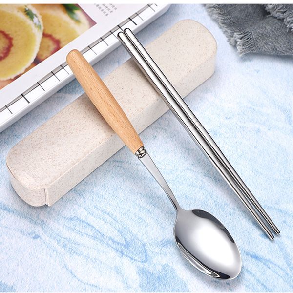 

stainless steel cutlery set with wood handle portable flatware chopsticks spoon for student dinnerware set travel tableware set tc190722 50